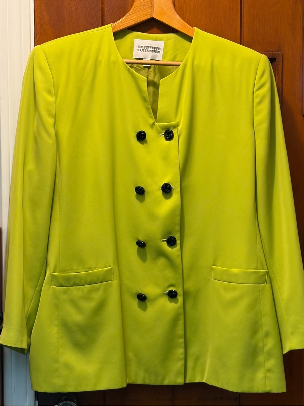 Chartreuse Yellow Collarless Suit Jacket with Molded Glass Buttons